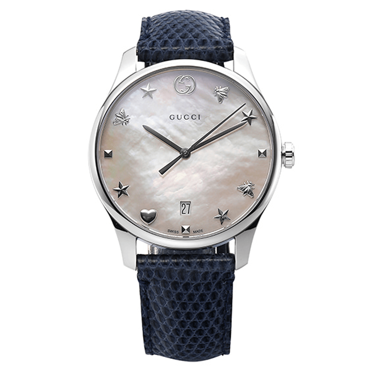 Gucci G-Timeless Signature Mother of Pearl Silver Dial Blue Leather Strap Watch For Women - YA1264049 Watches Gucci   