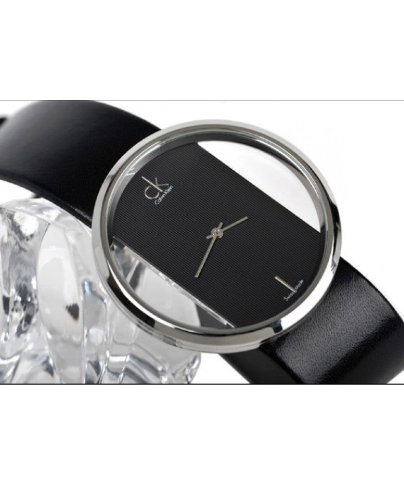 Calvin Klein Glam Transparent Dial Black Leather Strap Watch for Women - K9423107 Watches Calvin Klein   