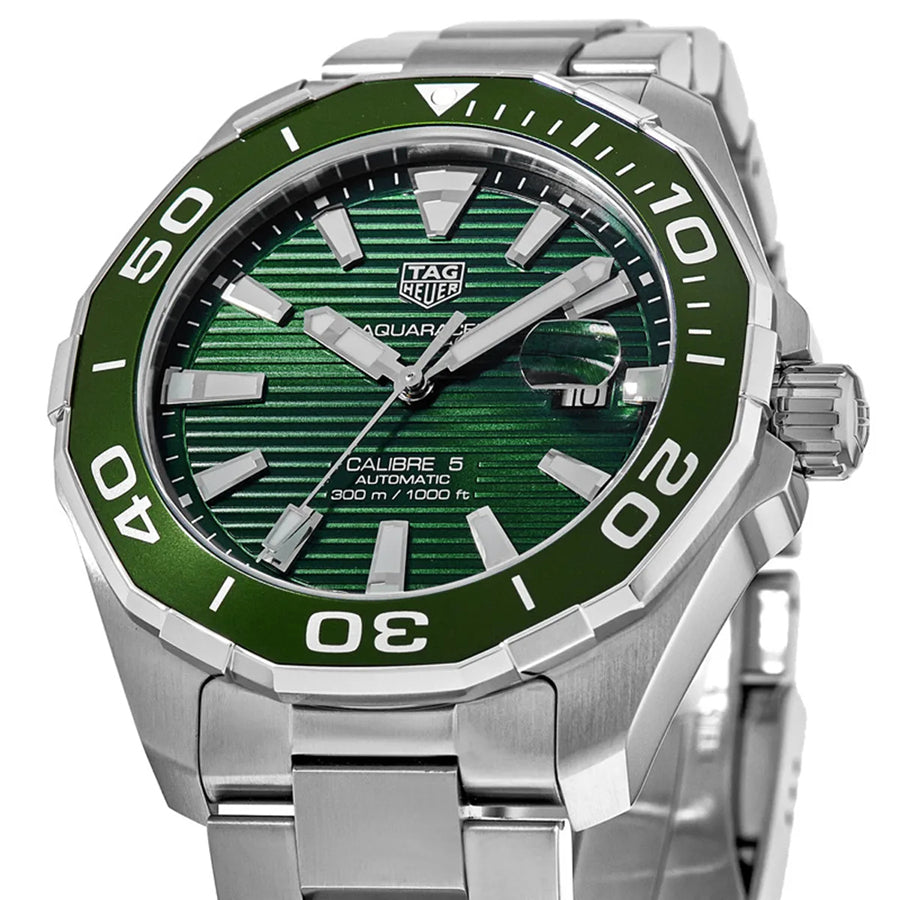 Tag Heuer Aquaracer Calibre 5 Green Dial Silver Steel Strap Watch for Men - WAY201S.BA0927 Watches Tag Heuer   