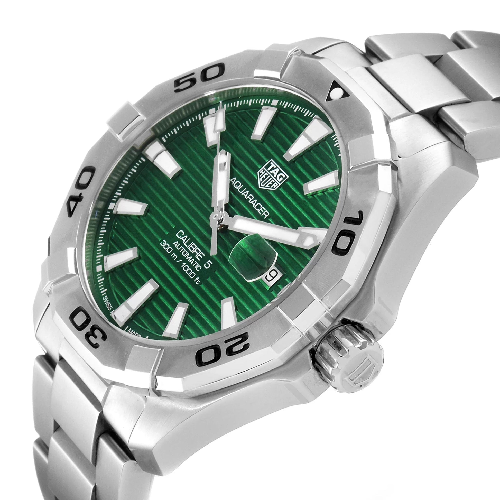 Tag Heuer Aquaracer Calibre 5 Automatic Green Dial Silver Steel Strap Watch for Men - WAY2015.BA0927 Watches Tag Heuer   