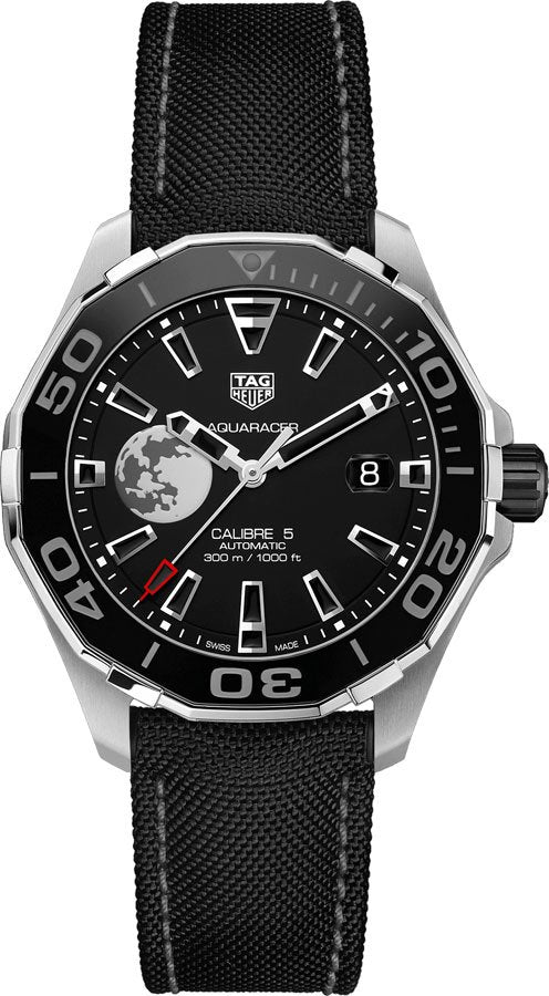 Tag Heuer Aquaracer Calibre 5 Black Moon Dial Black Fabric Strap Watch for Men - WAY201J.FC6370 Watches Tag Heuer   