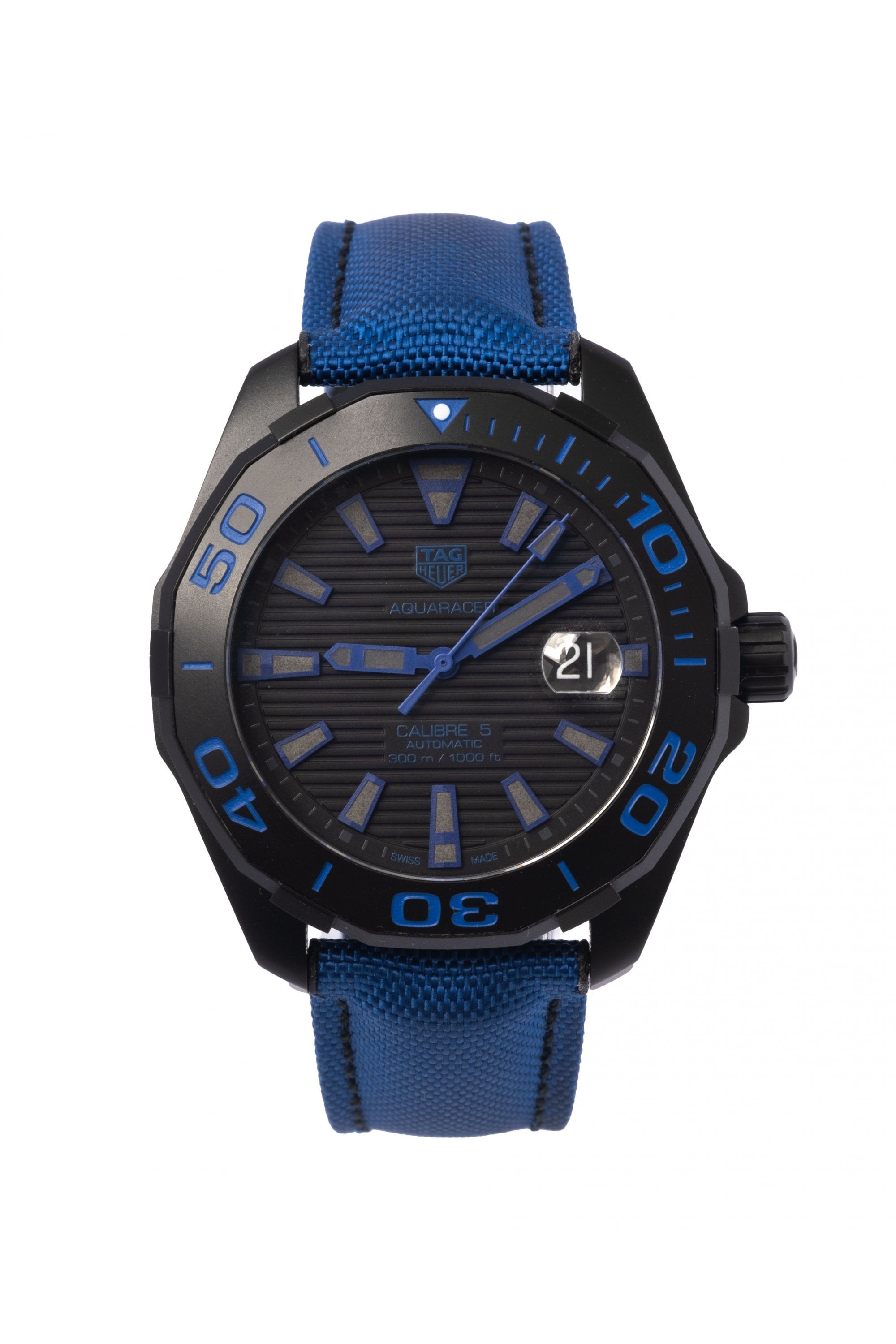 Tag Heuer Aquaracer Calibre 5 Automatic 43mm Titanium Blue Dial Blue Nylon Strap Watch for Gents - WAY208B.FC6382 Watches Tag Heuer   