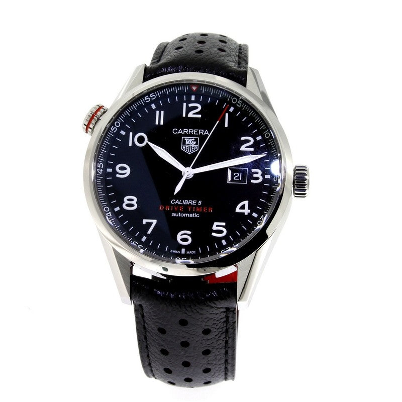 Tag Heuer Carrera Calibre 5 Drive Timer Black Dial Black Leather Strap Watch for Men - WAR2A10.FC6337 Watches Tag Heuer   