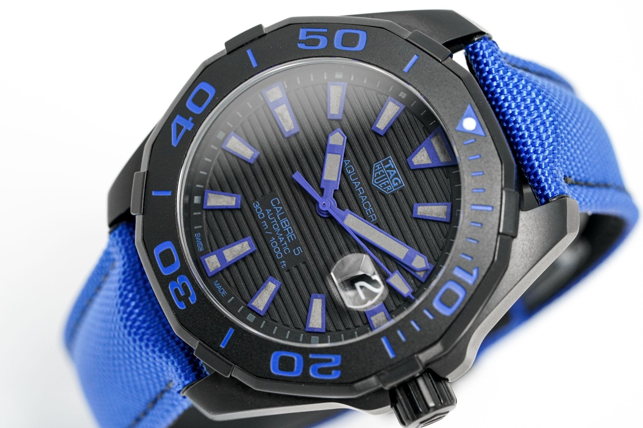 Tag Heuer Aquaracer Calibre 5 Automatic 43mm Titanium Blue Dial Blue Nylon Strap Watch for Gents - WAY208B.FC6382 Watches Tag Heuer   