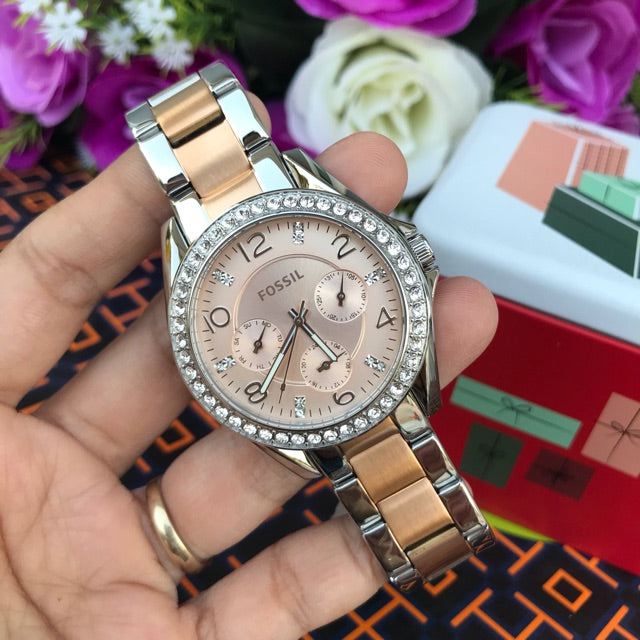 Fossil Riley Multifunction Rose Gold Dial Two Tone Steel Strap Watch for Women - ES4145 Watches Fossil   