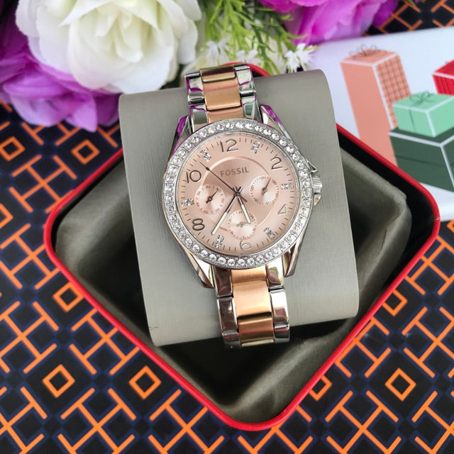 Fossil Riley Multifunction Rose Gold Dial Two Tone Steel Strap Watch for Women - ES4145 Watches Fossil   