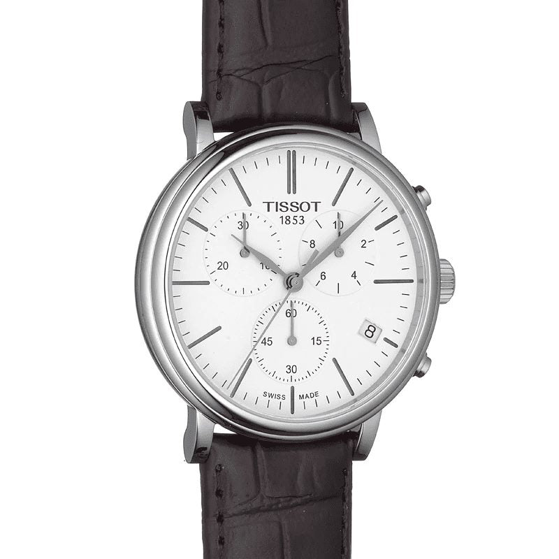 Tissot Carson Premium Chronograph White Dial Brown Leather Strap Watch For Men - T122.417.16.011.00 Watches Tissot   