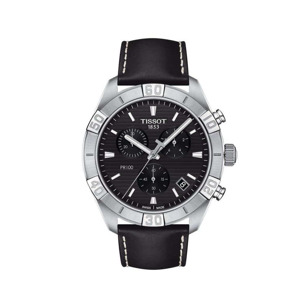 Tissot PR 100 Sport Quartz Chronograph Black Dial Black Leather Strap Watch For Men - T101.617.16.051.00 Watches Tissot   