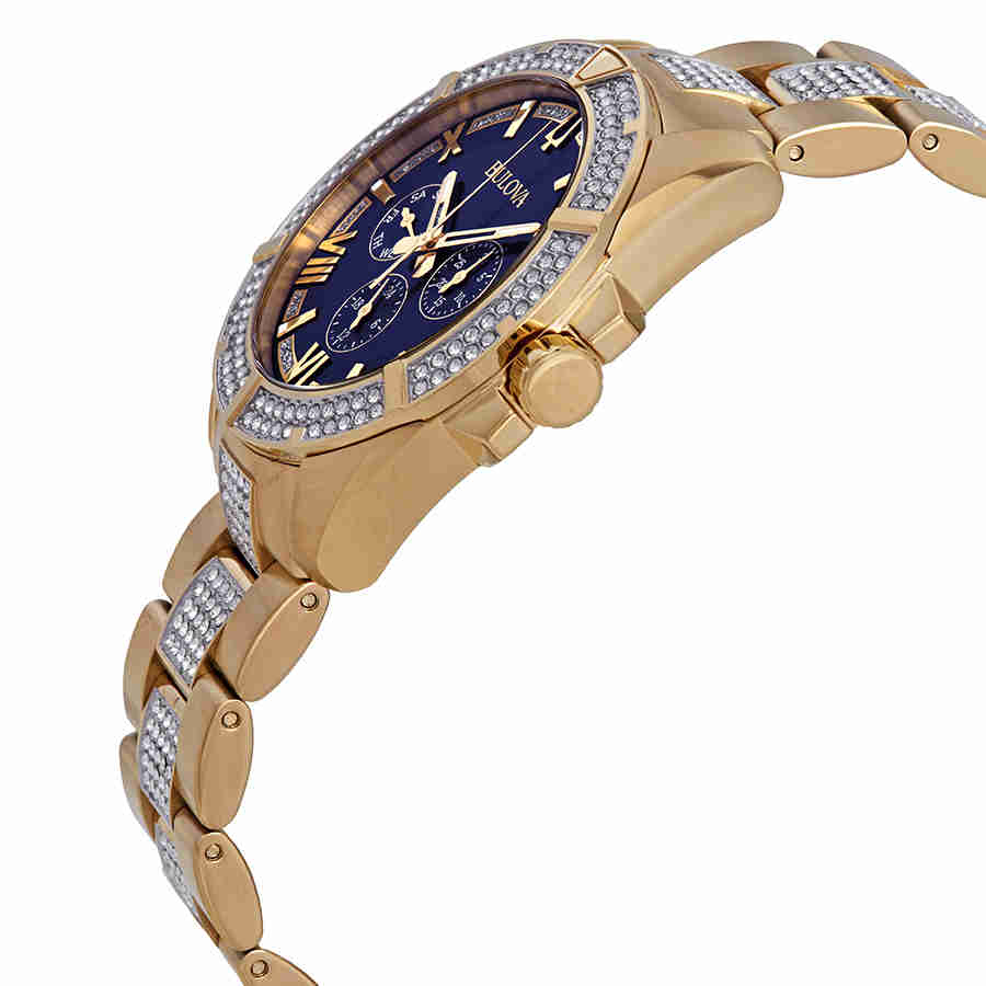 Bulova Crystal Collection Blue Dial Gold Steel Strap Watch for Men - 98C128 Watches Bulova   