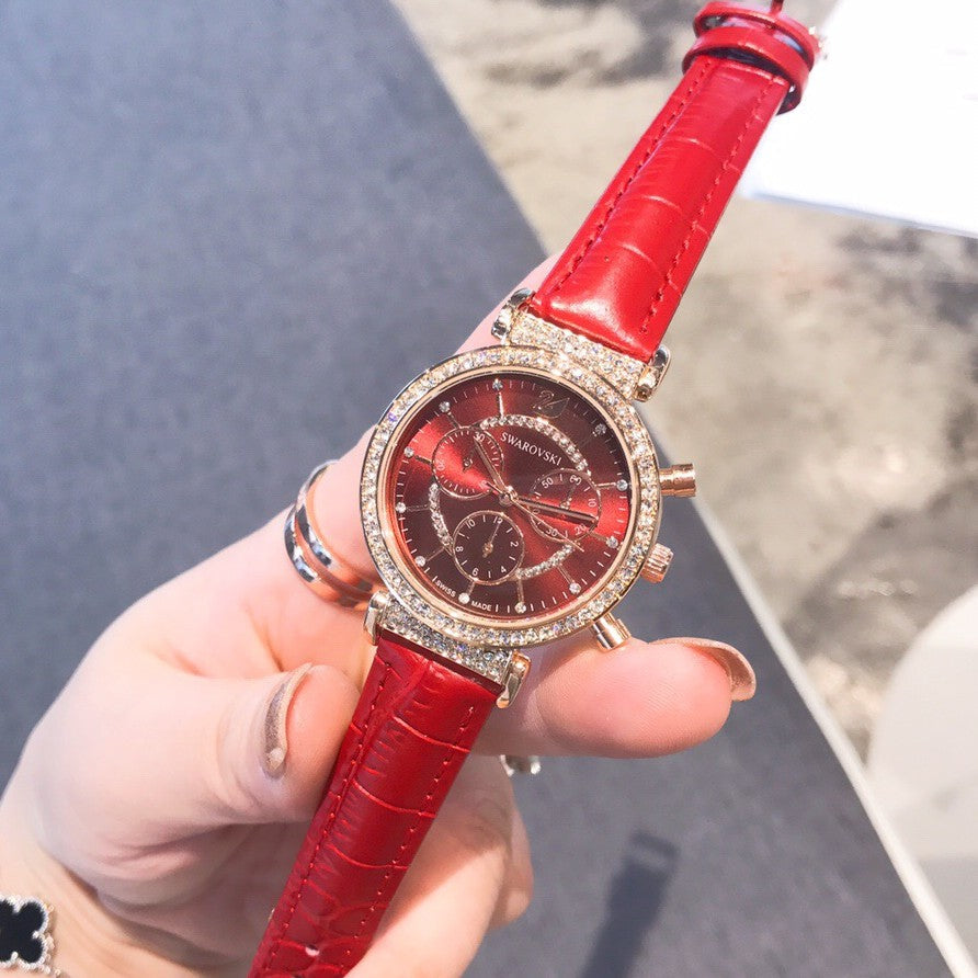 Swarovski Passage Chrono Red Dial Red Leather Strap Watch for Women - 5580345 Watches Swarovski   