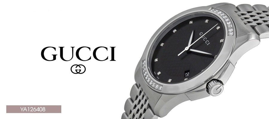 Gucci G Timeless Diamond Black Dial Silver Steel Strap Watch For Women - YA126408 Watches Gucci   