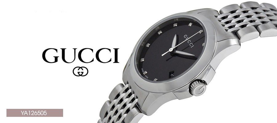 Gucci G Timeless Diamond Mother of Pearl Black Dial Silver Steel Strap Watch For Women - YA126505 Watches Gucci   