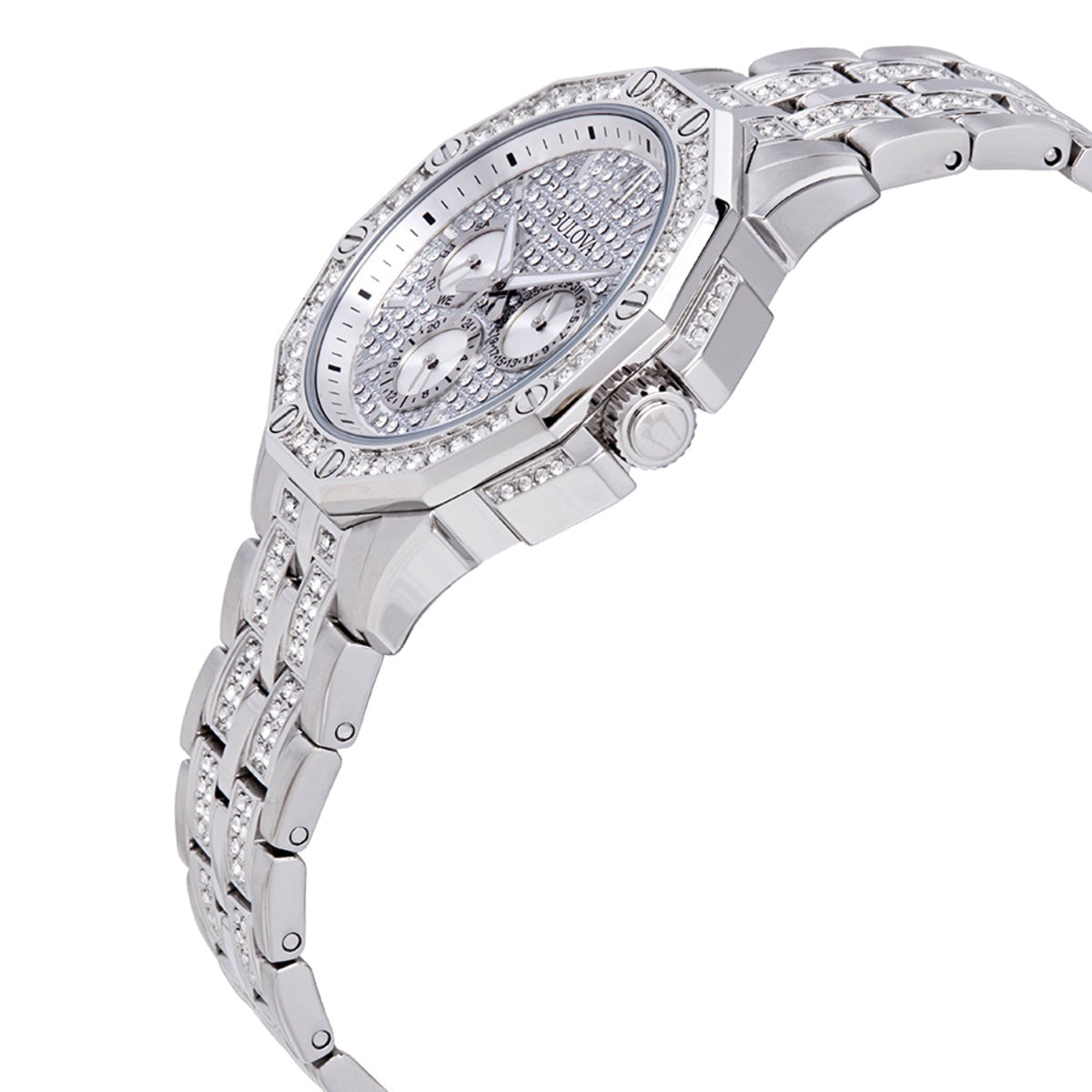 Bulova Crystal Collection Pave Silver Dial with Crystals Silver Steel Strap Watch for Men - 96C134 Watches Bulova   