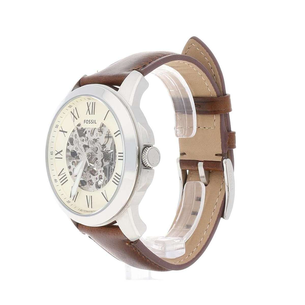 Fossil Grant Automatic Beige Skeleton Dial Brown Leather Strap Watch for Men - ME3099 Watches Fossil   