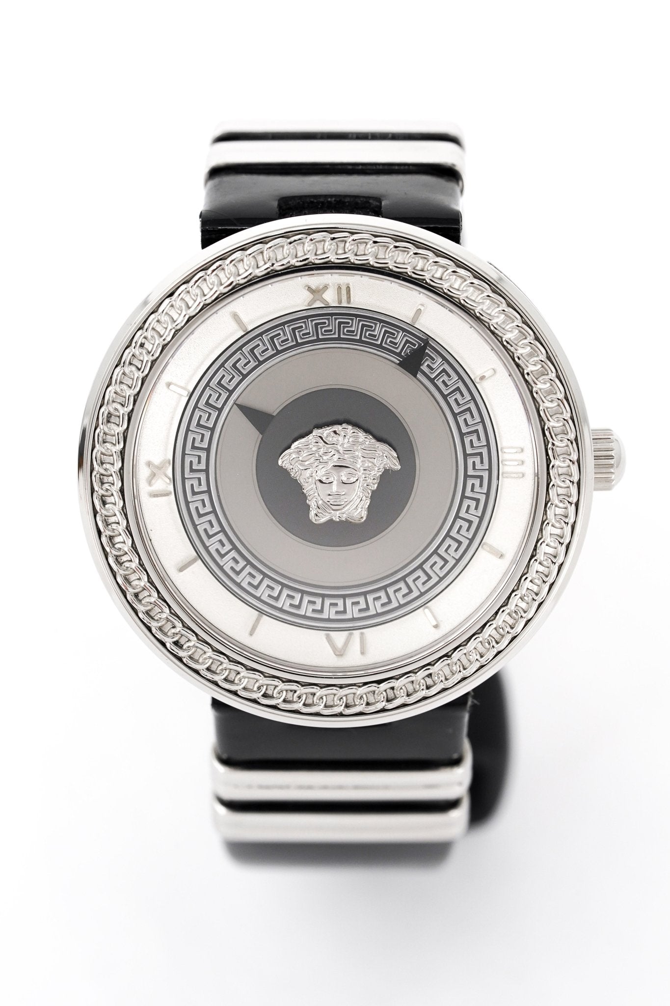 Versace V Metal Icon Silver Dial Black & Silver Strap Watch for Women - VLC010014 Watches Versace   