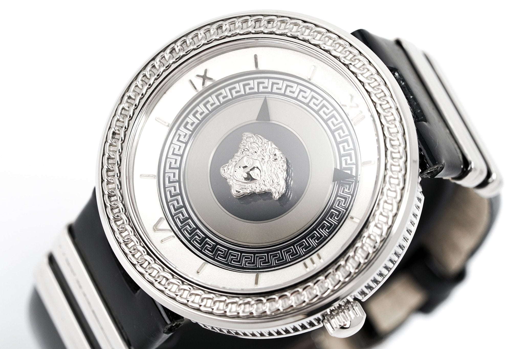 Versace V Metal Icon Silver Dial Black & Silver Strap Watch for Women - VLC010014 Watches Versace   