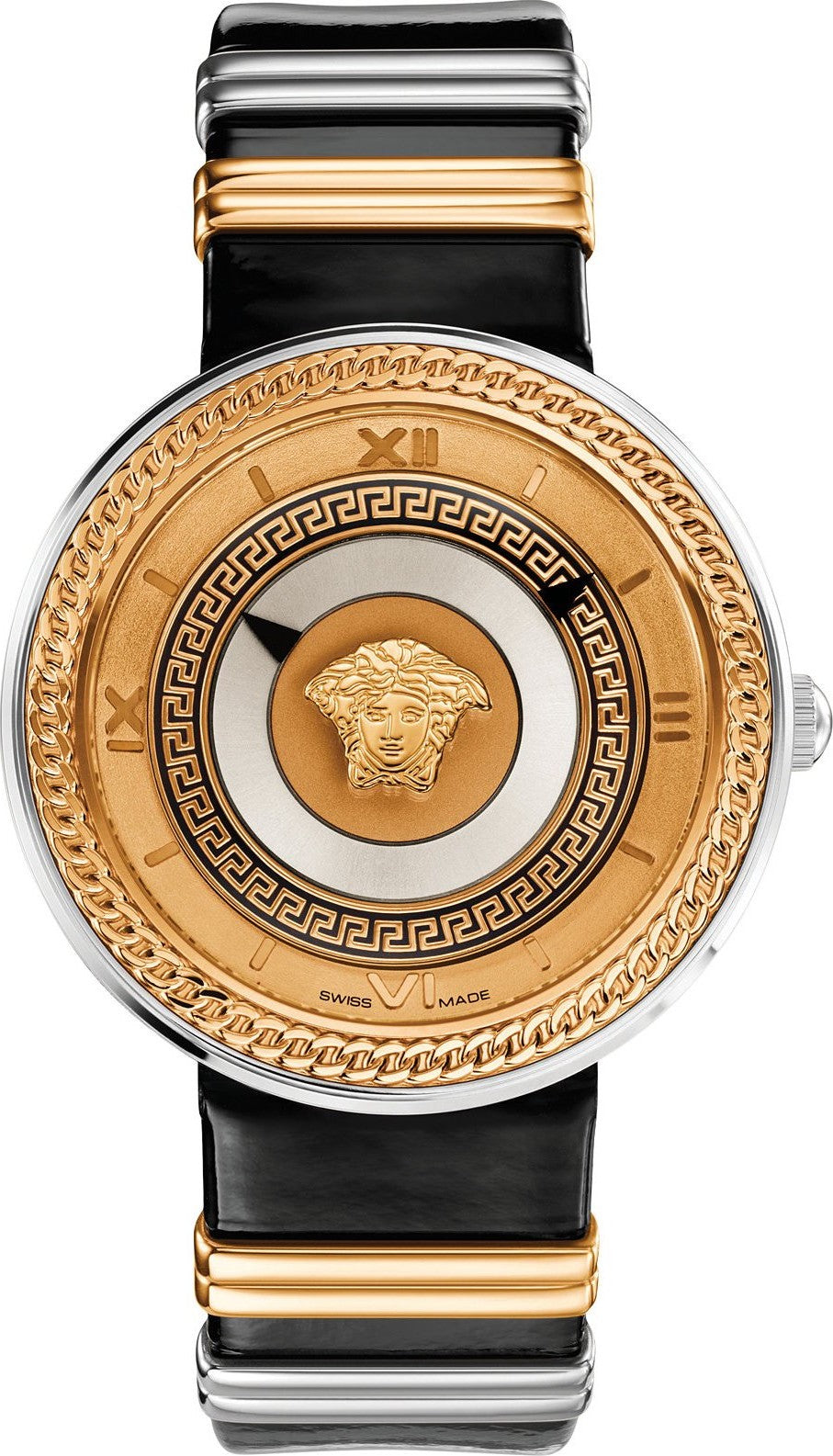 Versace V Metal Icon Gold Dial Black & Silver & Gold Strap Watch for Women - VLC020014 Watches Versace   