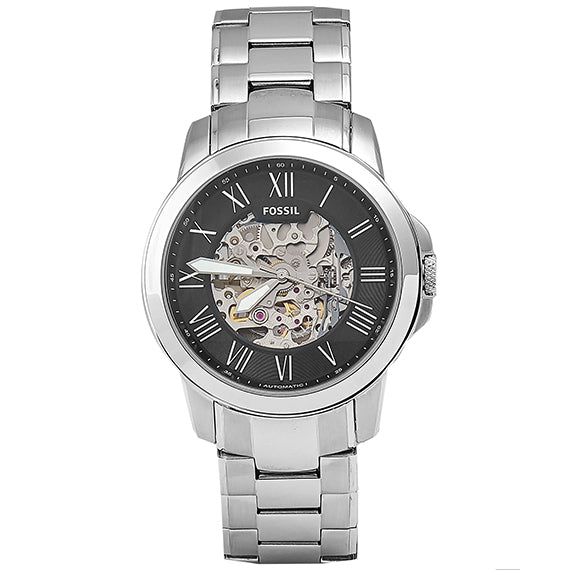 Fossil Grant Automatic Skeleton Black Dial Silver Steel Strap Watch for Men - ME3103 Watches Fossil   