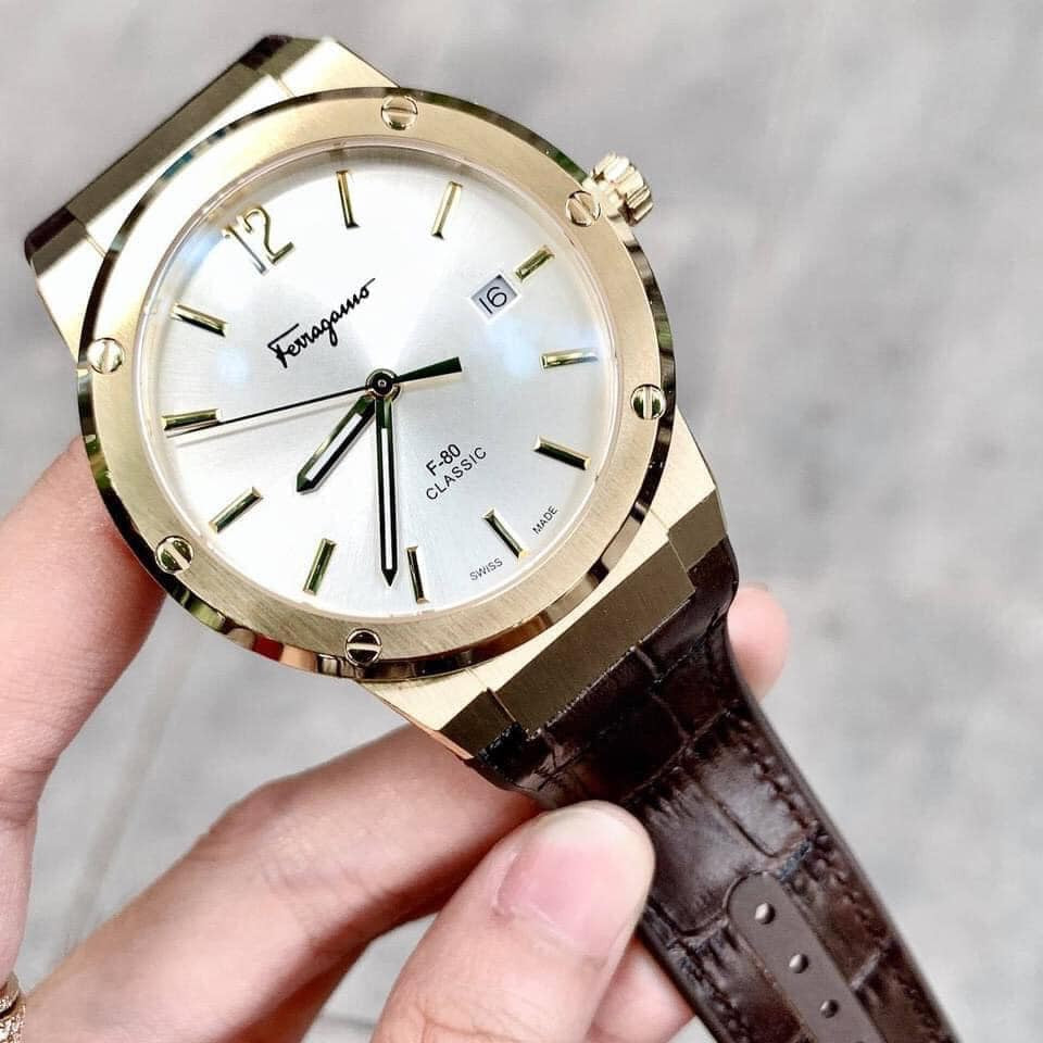 Salvatore Ferragamo F-80 Classic Silver Dial Brown Leather Strap Watch for Men - SFDT00419 Watches Salvatore Ferragamo   