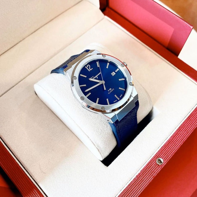 Salvatore Ferragamo F-80 Classics Blue Dial Blue Leather Strap Watch for Men - SFDT00719 Watches Salvatore Ferragamo   