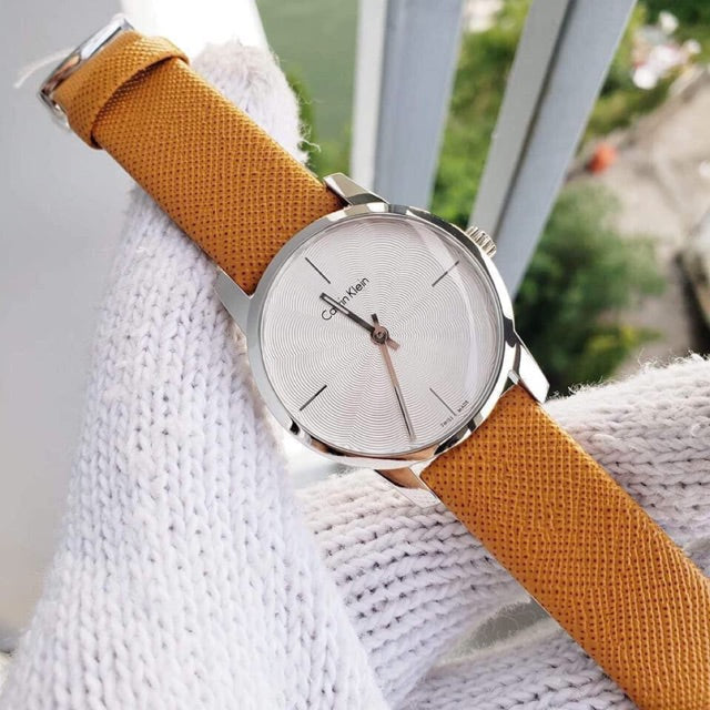 Calvin Klein City Silver Dial Orange Leather Strap Watch for Women - K2G231G6 Watches Calvin Klein   