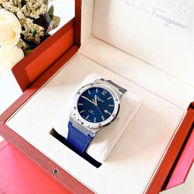 Salvatore Ferragamo F-80 Classics Blue Dial Blue Leather Strap Watch for Men - SFDT00719 Watches Salvatore Ferragamo   