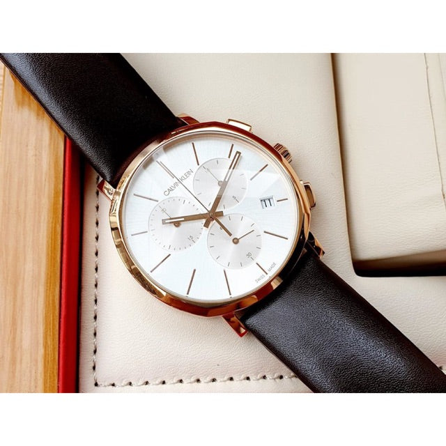 Calvin Klein Posh Chronograph White Dial Brown Leather Strap Watch for Men - K8Q376G6 Watches Calvin Klein   