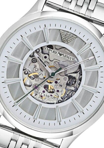 Emporio Armani Meccanico Silver Skeleton Dial Stainless Steel Watch For Men - AR1945 Watches Emporio Armani   