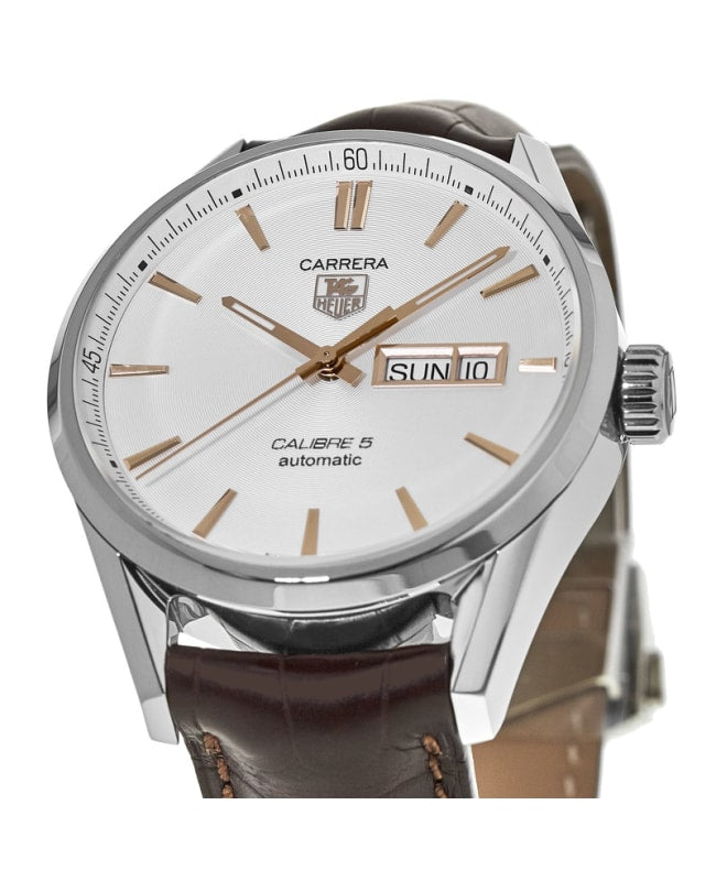 Tag Heuer Carrera Calibre 5 Automatic White Dial Brown Leather Strap Watch for Men - WAR201D.FC6291 Watches Tag Heuer   