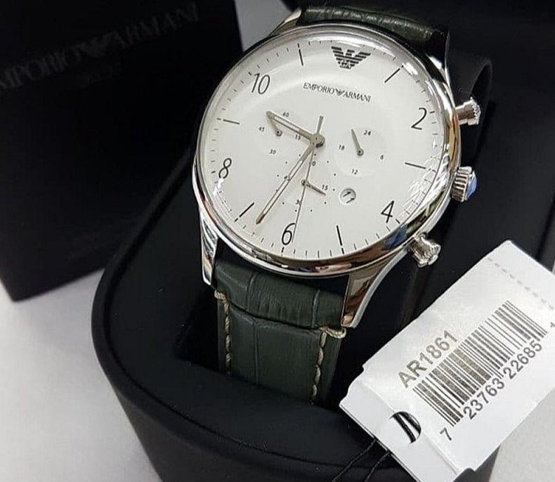 Emporio Armani Classic Chronograph Silver Dial Grey Leather Strap Watch For Men - AR1861 Watches Emporio Armani   