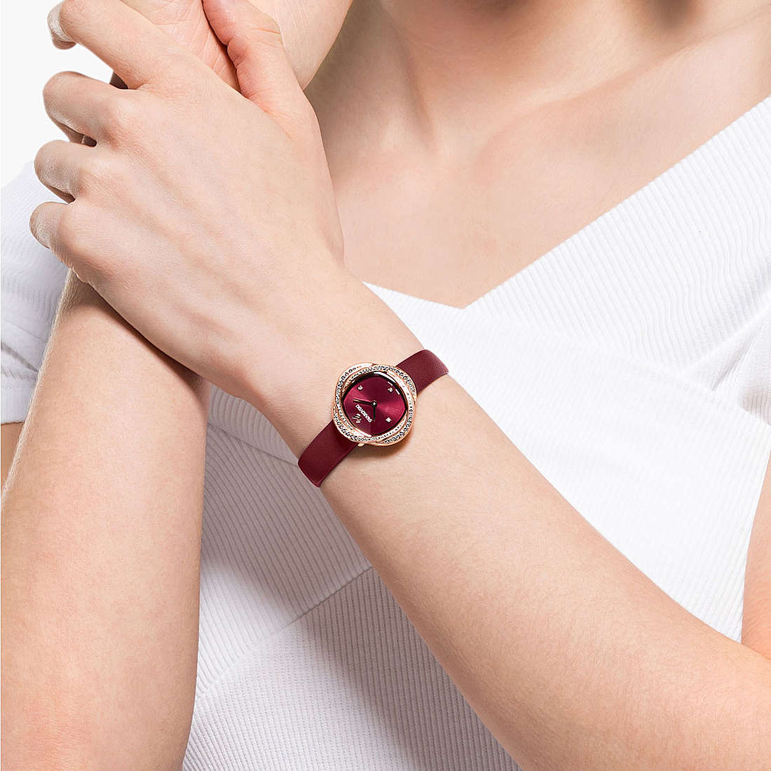 Swarovski Crystal Flower Red Dial Red Leather Strap Watch for Women - 5552780 Watches Swarovski   