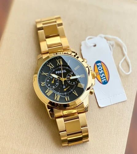 Fossil Grant Chronograph Black Dial Gold Steel Strap Watch for Men - FS4815 Watches Fossil   