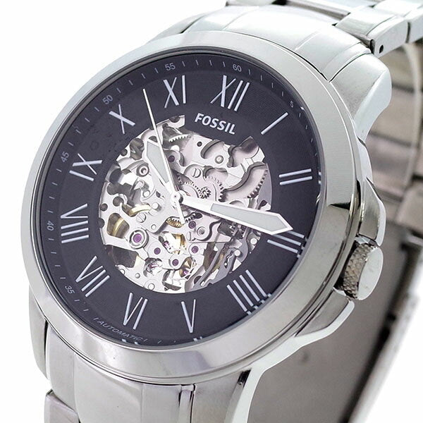 Fossil Grant Automatic Skeleton Black Dial Silver Steel Strap Watch for Men - ME3103 Watches Fossil   