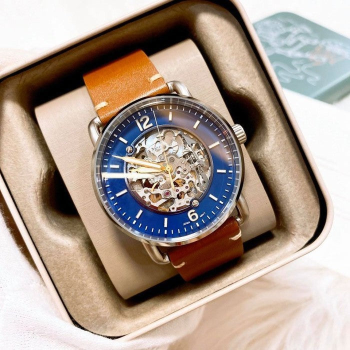 Fossil Commuter Automatic Skeleton Blue Dial Brown Leather Strap Watch for Men - ME3159 Watches Fossil   