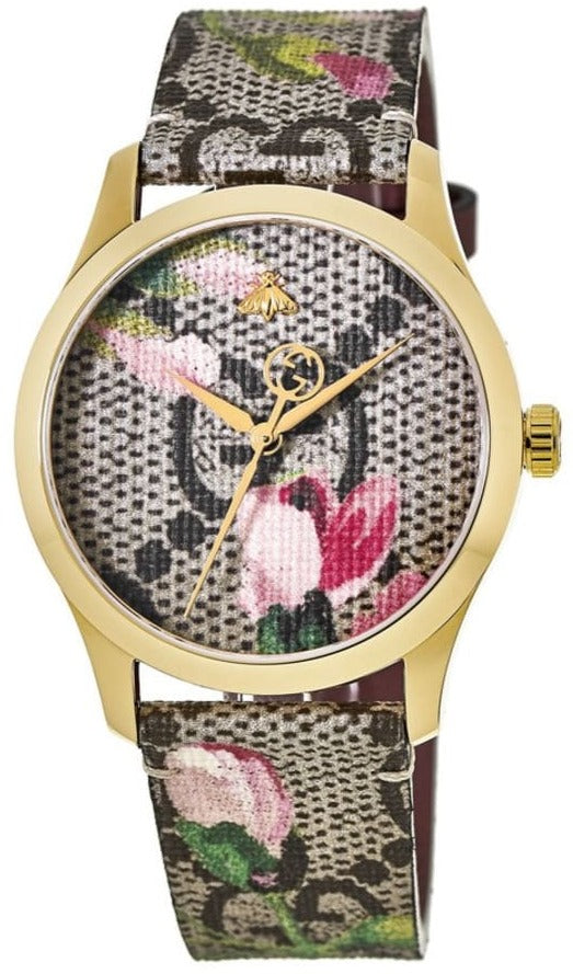 Gucci G Timeless Floral Brown Dial Brown Leather Strap Watch For Women - YA1264038 Watches Gucci   