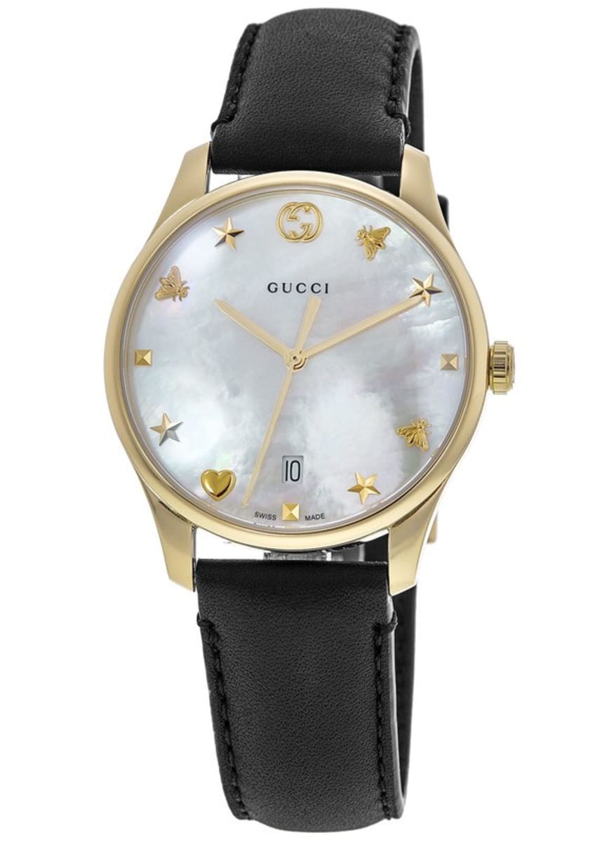 Gucci G-Timeless Mother of Pearl Dial Black Leather Strap Watch For Women - YA1264044 Watches Gucci   