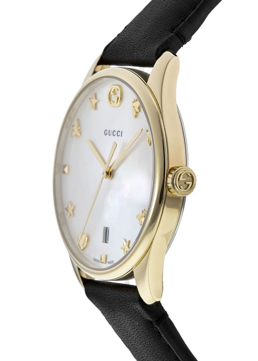 Gucci G-Timeless Mother of Pearl Dial Black Leather Strap Watch For Women - YA1264044 Watches Gucci   