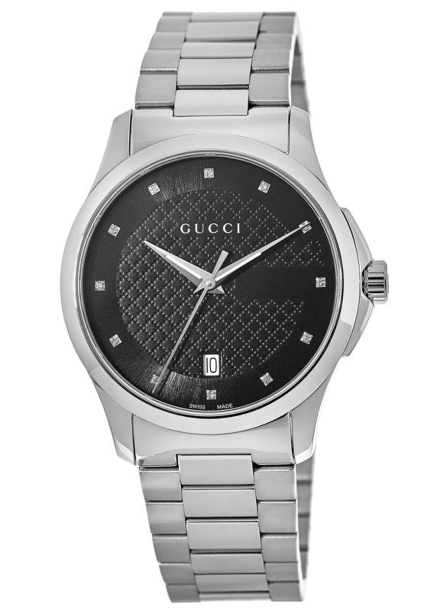 Gucci G Timeless Diamonds Black Dial Silver Steel Strap Watch For Men - YA126456 Watches Gucci   