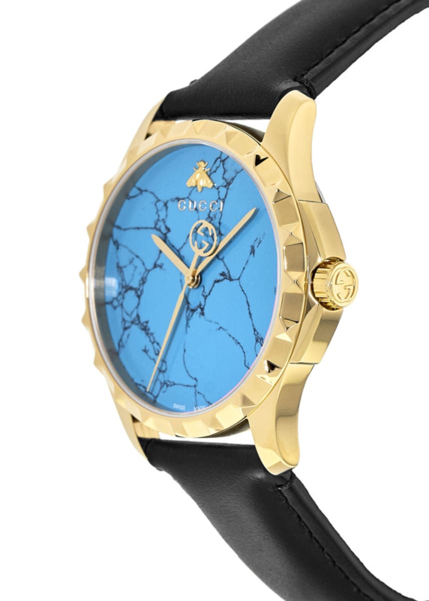 Gucci G Timeless Turquoise Blue Dial Black Leather Strap Watch For Men - YA126462 Watches Gucci   