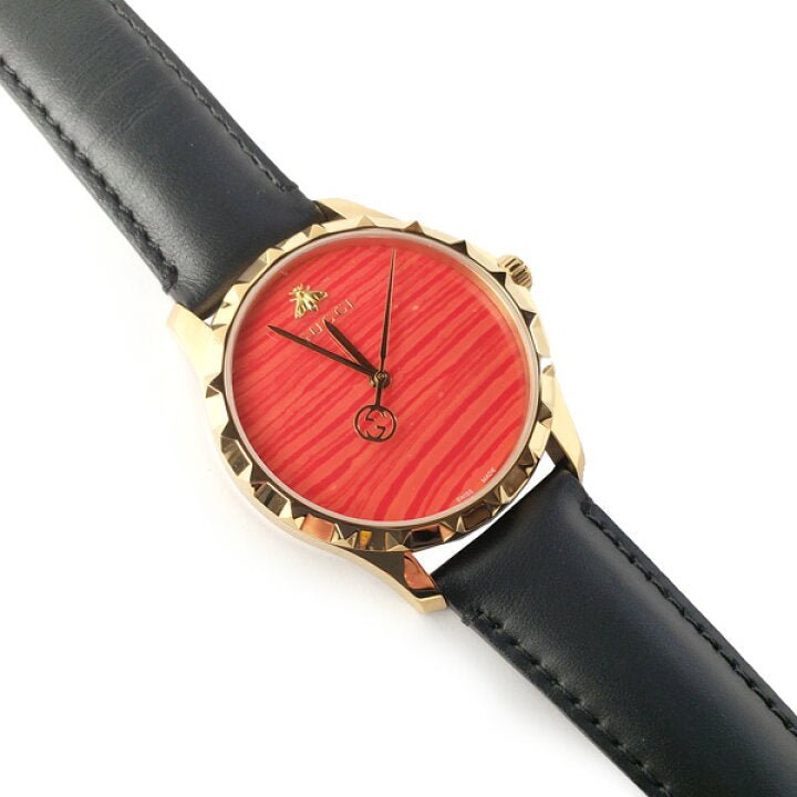 Gucci G Timeless Coral Red Dial Black Leather Strap Watch For Men - YA126464 Watches Gucci   