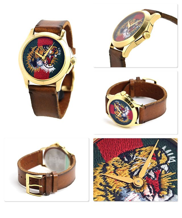 Gucci Le Marche Des Merveilles Red & Green Dial Brown Leather Strap Unisex Watch - YA126497 Watches Gucci   