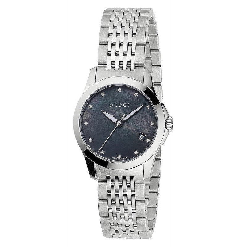 Gucci G Timeless Diamond Mother of Pearl Black Dial Silver Steel Strap Watch For Women - YA126505 Watches Gucci   