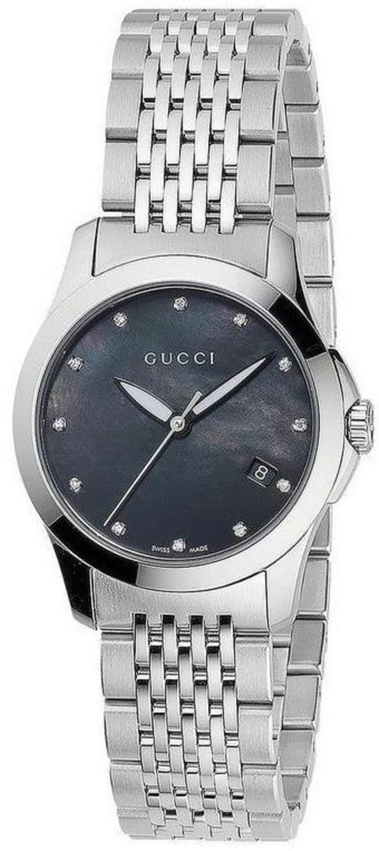 Gucci G Timeless Diamond Mother of Pearl Black Dial Silver Steel Strap Watch For Women - YA126505 Watches Gucci   