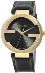 Gucci Interlocking G Gold Black Dial Black Leather Strap Unisex Watch - YA133326 Watches Gucci   