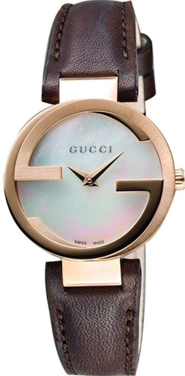 Gucci G Interlocking Mother of Pearl Dial Brown Leather Strap Watch For Women - YA133516 Watches Gucci   