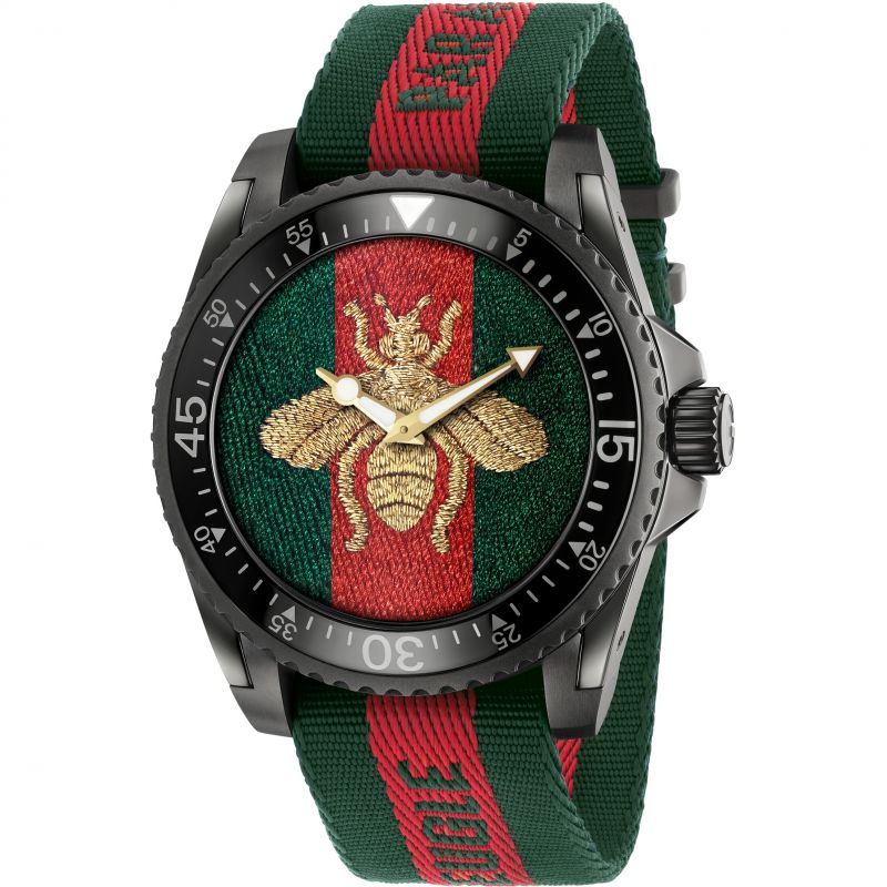 Gucci Dive Green & Red Dial Green & Red Nylon Strap Watch For Men - YA136216 Watches Gucci   