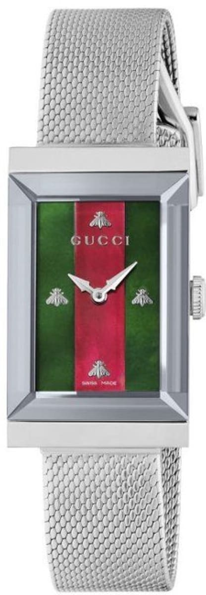 Gucci G Frame Red and Green Dial Silver Mesh Bracelet Watch For Women - YA147401 Watches Gucci   