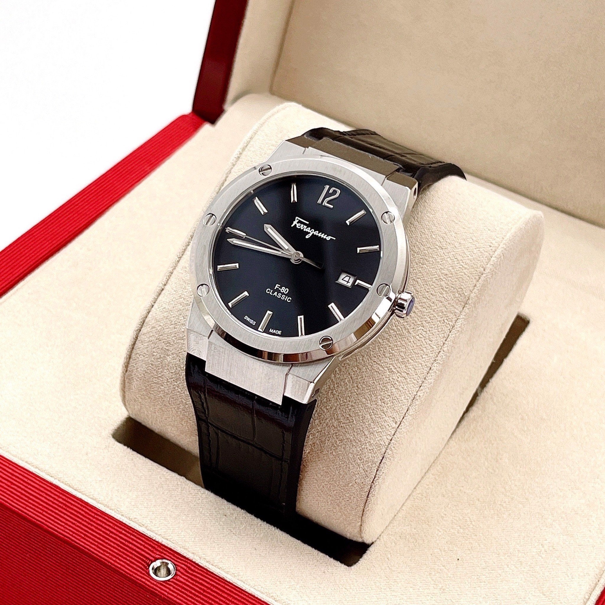 Salvatore Ferragamo F-80 Classic Black Dial Black Leather Strap  Watch for Men - SFDT00219 Watches Salvatore Ferragamo   