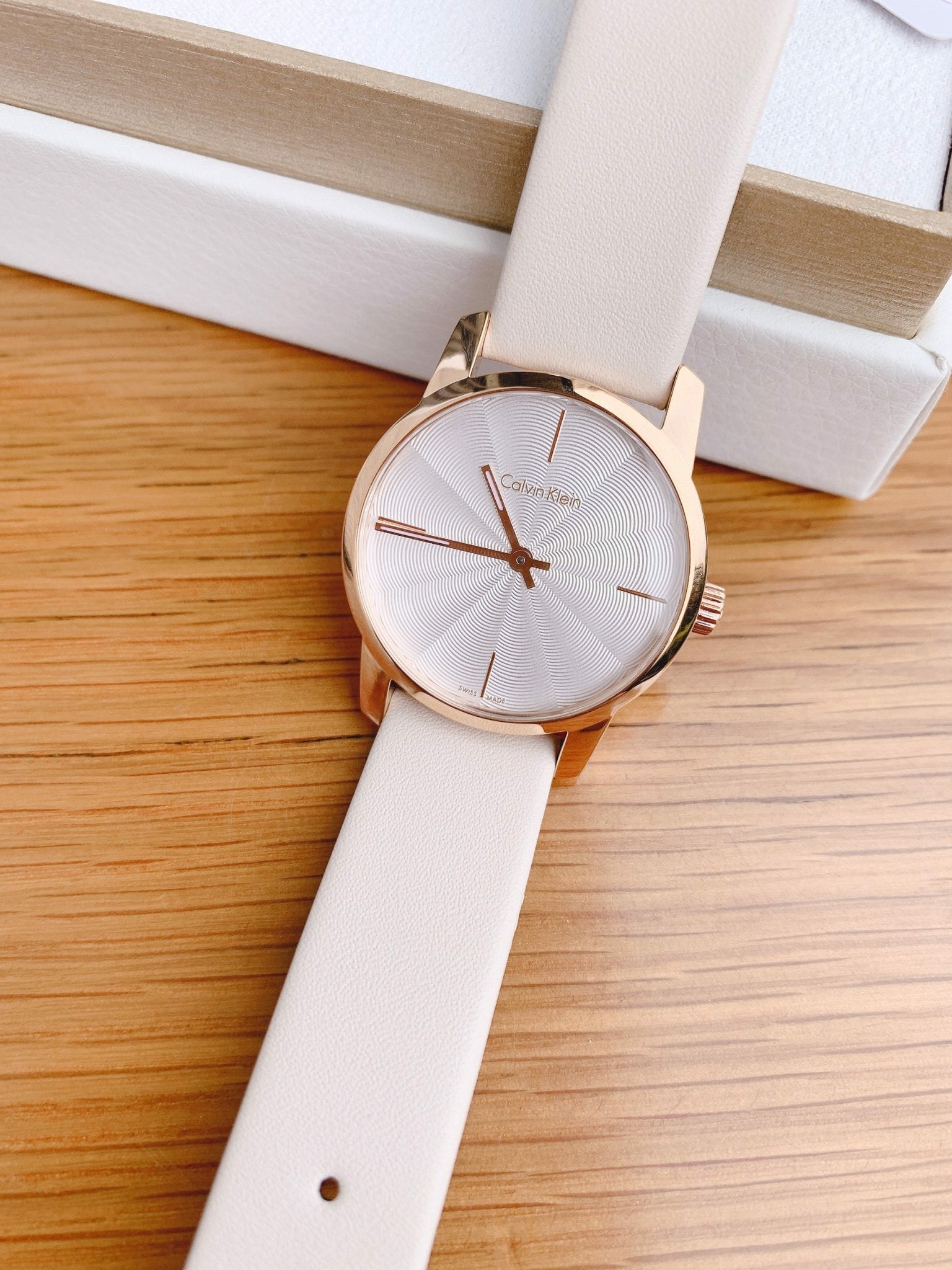 Calvin Klein City Silver Dial White Leather Strap Watch for Women - K2G236X6 Watches Calvin Klein   