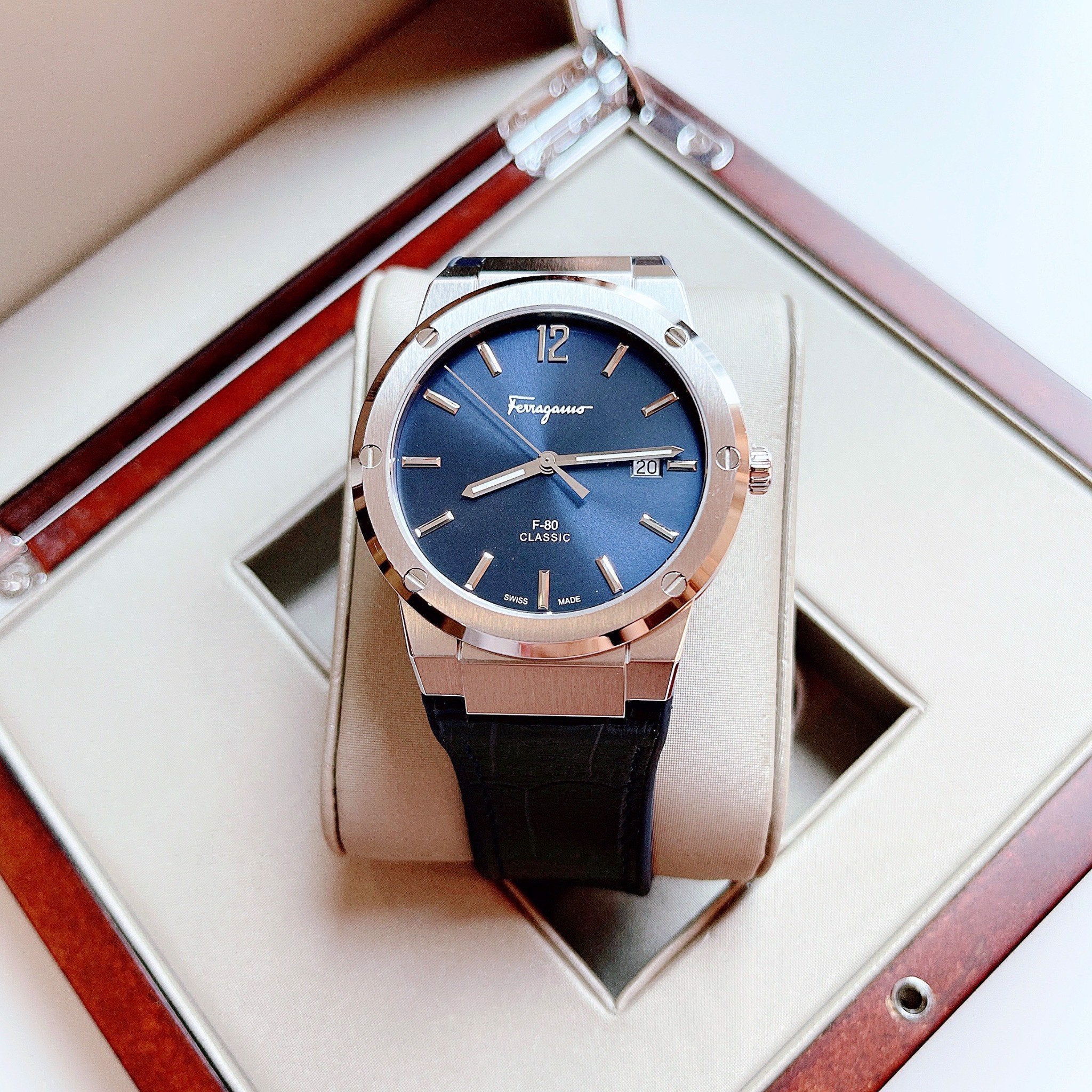 Salvatore Ferragamo F-80 Classic Blue Dial Blue Leather Strap Watch for Men - SFDT00319 Watches Salvatore Ferragamo   
